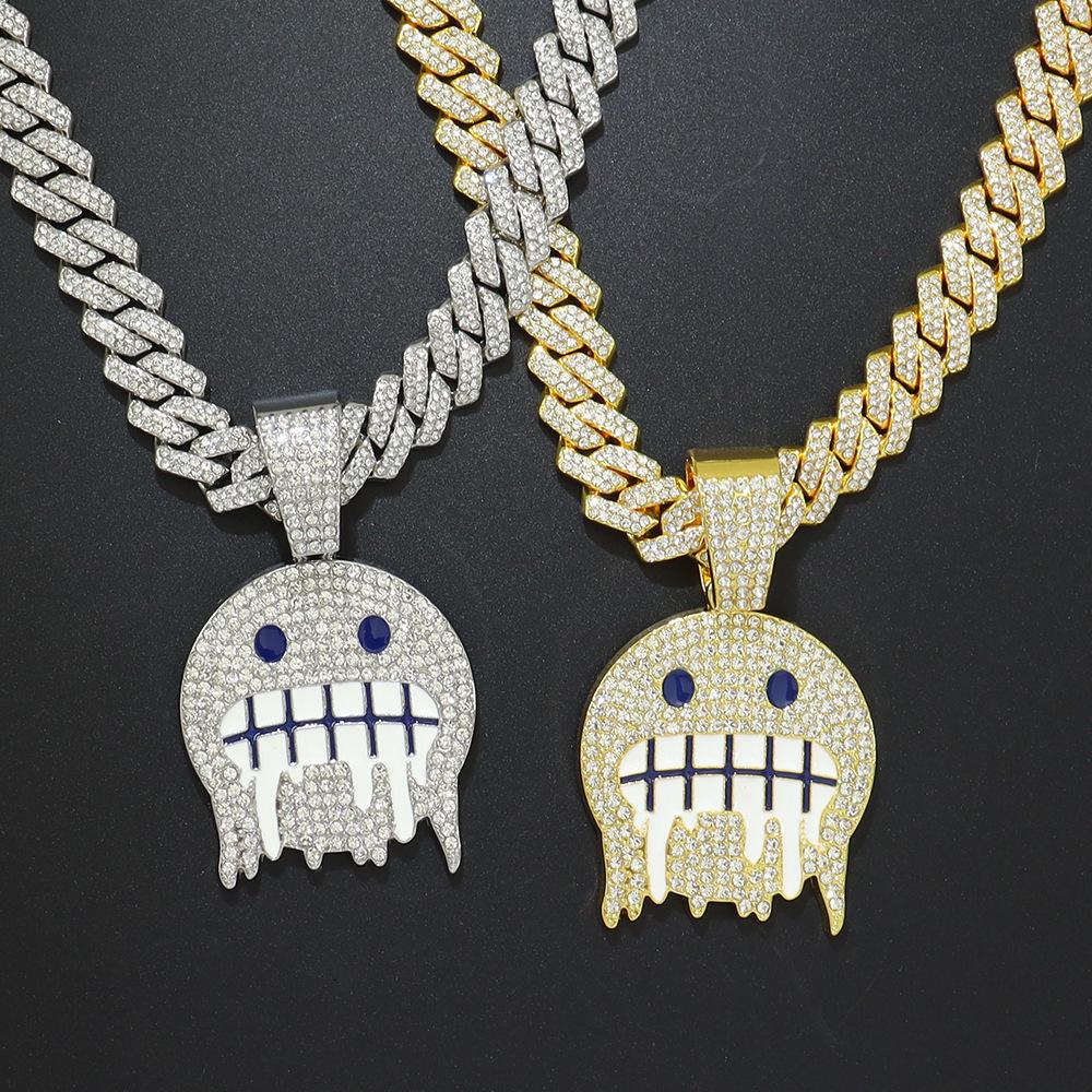 Diamond Icy Face Emoji Pendant Cuban Chain Necklace – Hip Hop Style for Men and Women