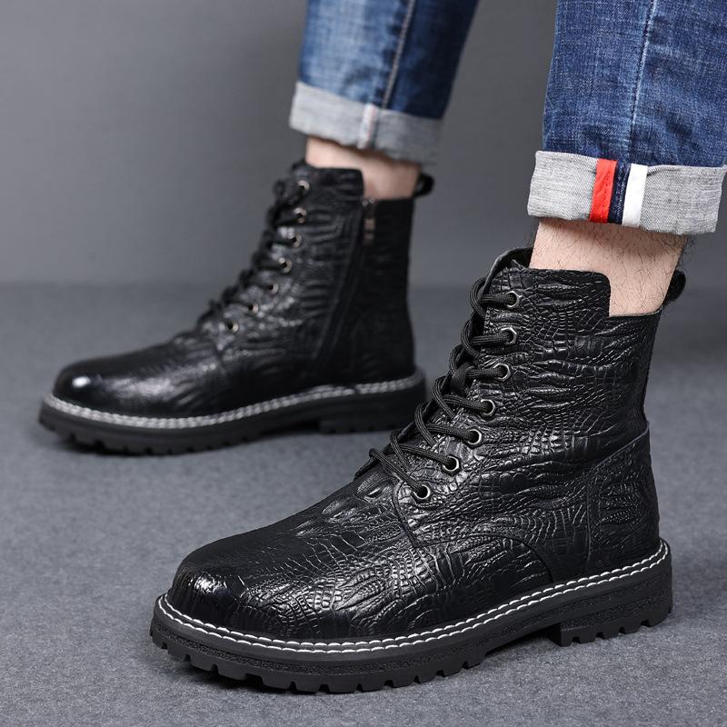 Crocodile Leather Pattern Martin Boots Men's  Genuine Leather Top Layer Cowhide  Autumn and Winter New Soft-soled Leather Shoes Men's Fashion
