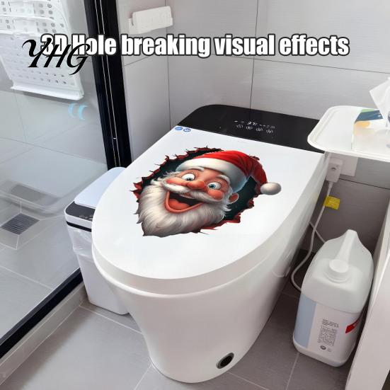 Merry Christmas Toilet Decor Funny Santa Sticker, Lid Decal, Self-Adhesive, 3D Holiday Stickers Hole Waterproof PVC Wall Sticker for Bathroom Tank Art