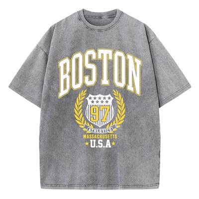Vintage Damen Acid Wash T-Shirts Boston Athletics Badge Prints Tops Rundhals Baumwolle Oversize T-Shirts Kleidung