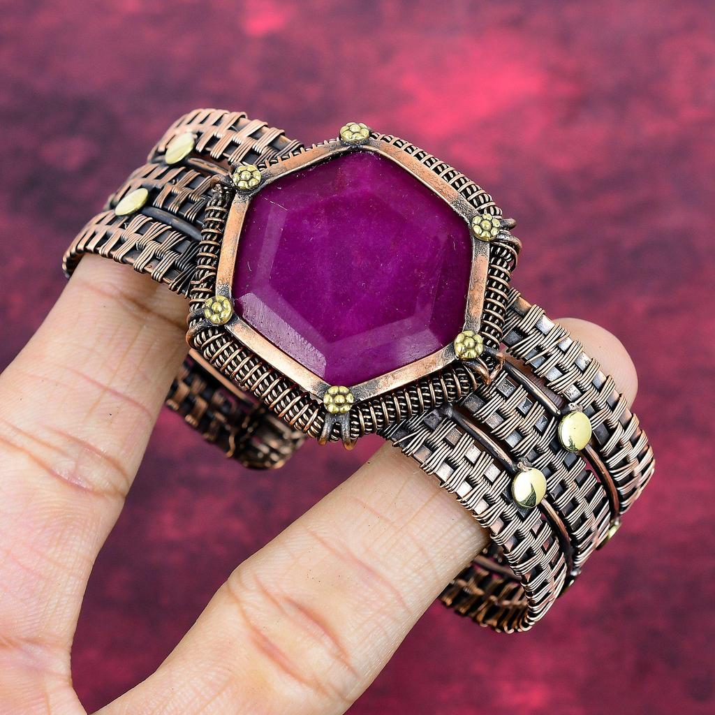 Pulseira de Rubi de Caxemira Facetado Joias Envoltas em Fio de Cobre Pulseira Ajustável Joias com Pedras Preciosas