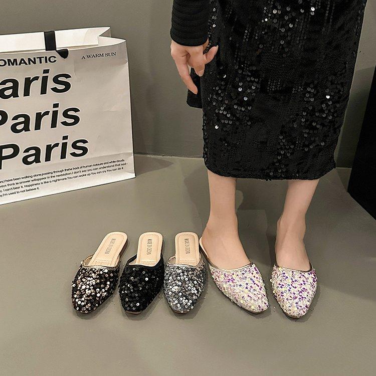 Fashion Shoes Woman 2025 Female Mule Cover Toe Slippers Flat Pantofle Luxury Slides Mules Soft New Designer Bling Fashion Cover Toe Fema
