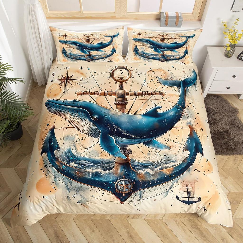 whale and Anchor duvet cover set for teens kids boys queen Lightweight Bedspread Cover bedroom Decor Navy Blue Ocean Bedding Set