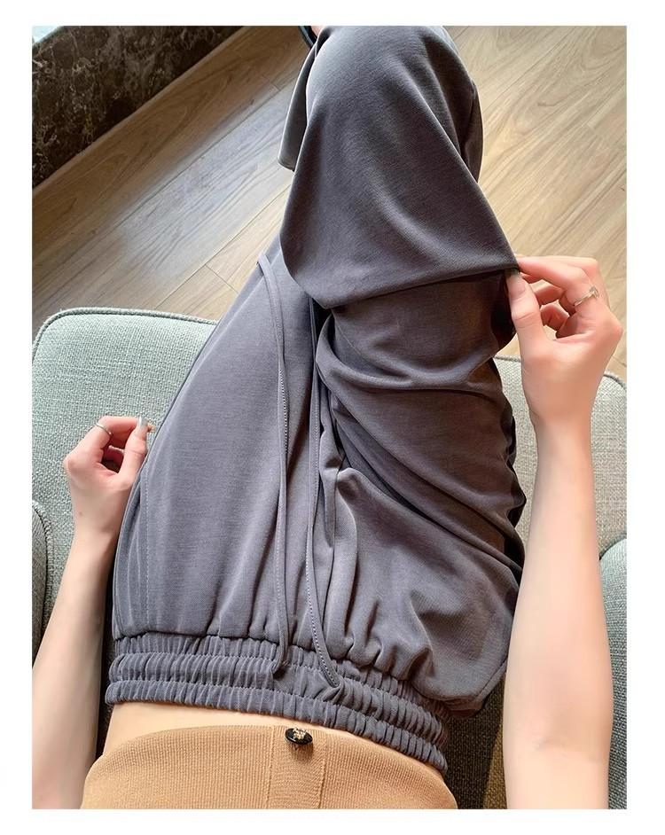 Damen Graue Hochtaillierte Cupro Sommerhose mit Weitem Bein - Petite, Leicht, Gerades Bein (145-150cm)