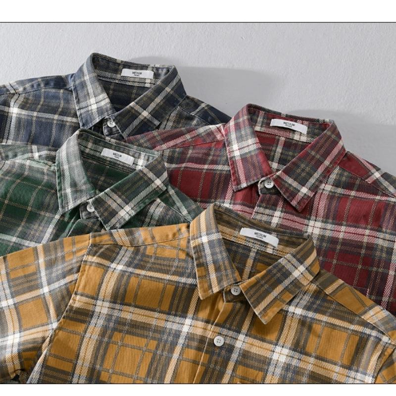 Japanese Style Long Sleeve Plaid Shirt Men Spring Fall Daily Men's Casual Shirt Pocket Turn-down Collar 100Cotton Button Shirt
