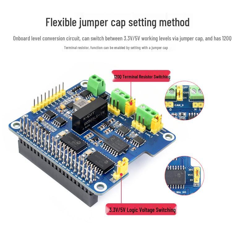 Raspberry Pi 5 Stackable 2-Channel CAN Bus Expansion Board with Isolated Wide Voltage, HAT+ Compatible