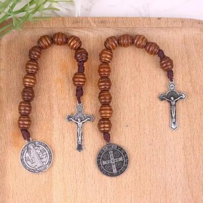 Vintage Saint Benedict Medal Blessing Prayer Crucifix Beads Medal Handmade Alloy Wooden Prayer Beads Catholic Prayer
