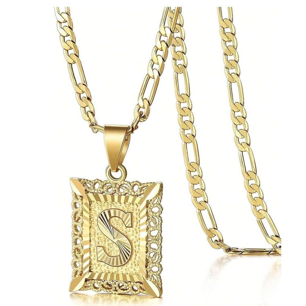 Initial Necklace Square Letter Pendant Necklace Capital Monogram Necklace Alhpabets From A-Z Figaro Chain Necklace