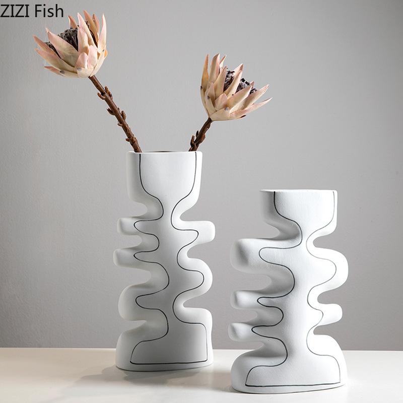 MinMinimalist Striped Design Ceramic Vase Plant Pots Table Decoration Ornaments Flower Arrangement Vase Room Aesthetic Decor