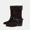 Fashion Women's 2025 New Fashion Mid-leg Boots Long-leg Knight Boots Block Heel Pointed Toe Cowhide Western Pile Boots