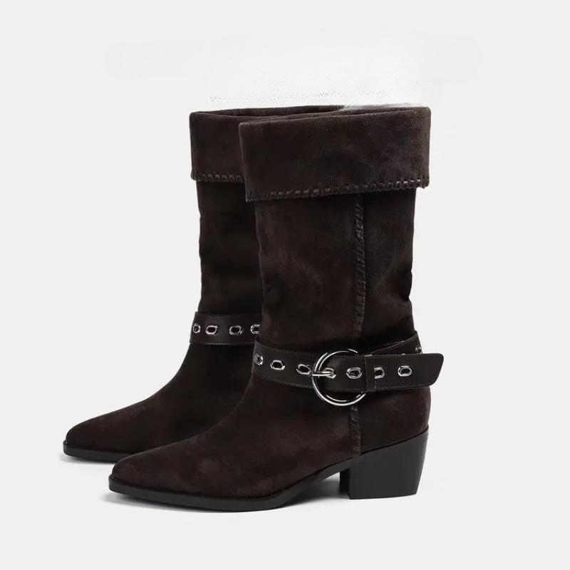 Fashion Women's 2025 New Fashion Mid-leg Boots Long-leg Knight Boots Block Heel Pointed Toe Cowhide Western Pile Boots