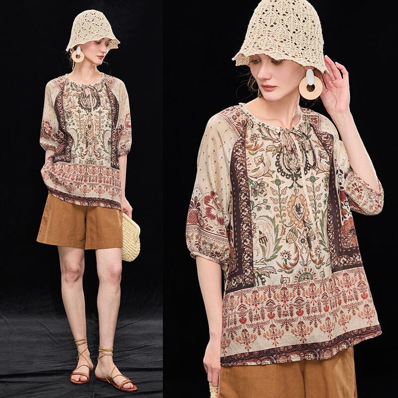 Women s Tencel Linen Loose Fit Floral Print Drawstring Half-Sleeve Shirt S