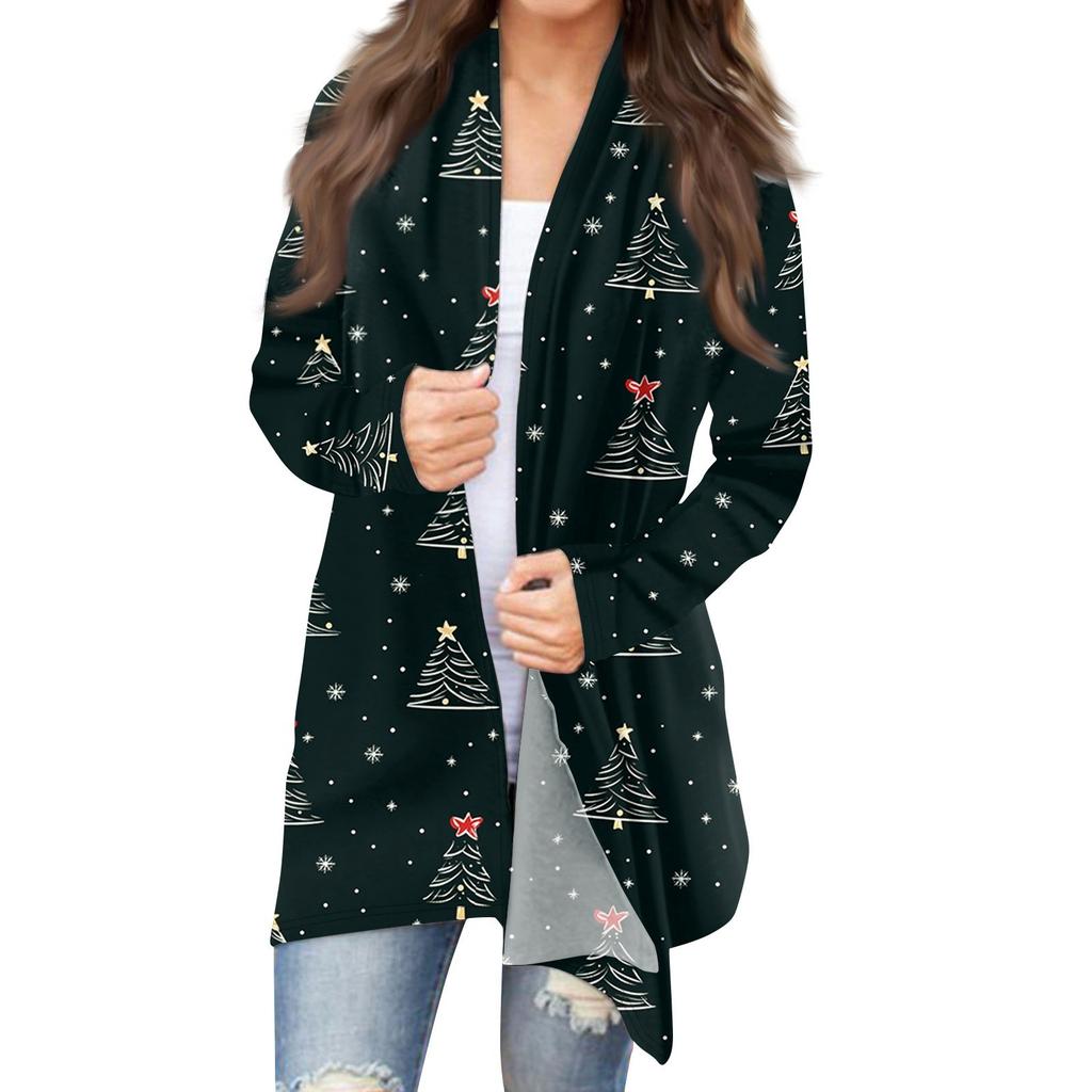 Damenmode Weihnachtsdruck Jacke Langarm Casual Cardigan Mantel