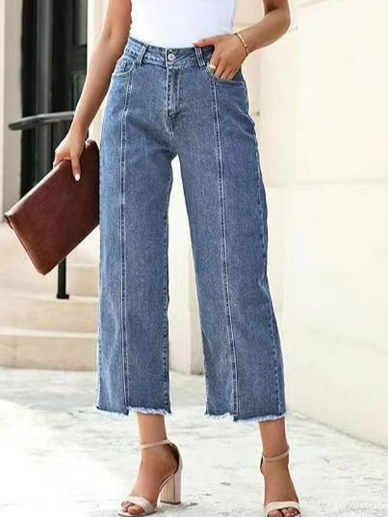 Women s High-Waisted Frayed Denim Cropped Jeans M светло-синий