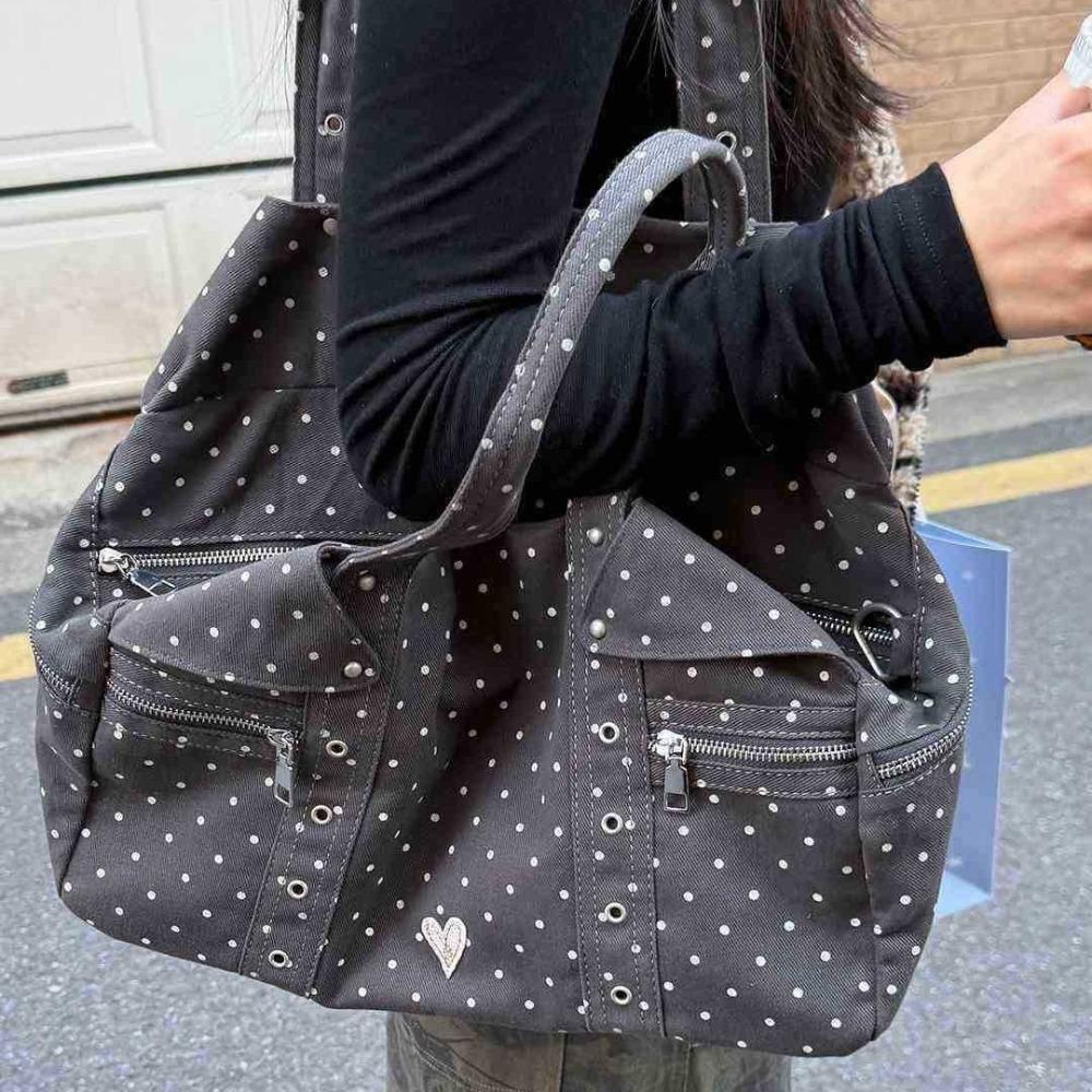 New Casual Polka Dot Tote Bag Large Capacity Trendy Women s Shoulder Bag Polka Dot Casual Shoulder Bag серый