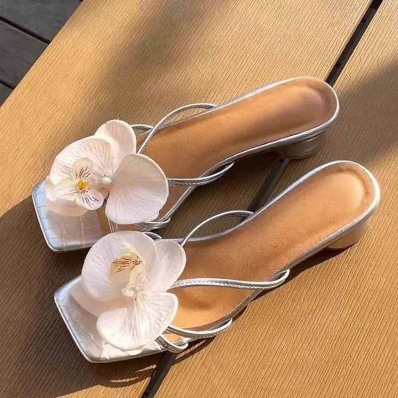 Designer Women Slippers Fashion Floral Decoration High Heels Slipper Summer Elegant High Heels Sandals for Women Sandalias Mujer