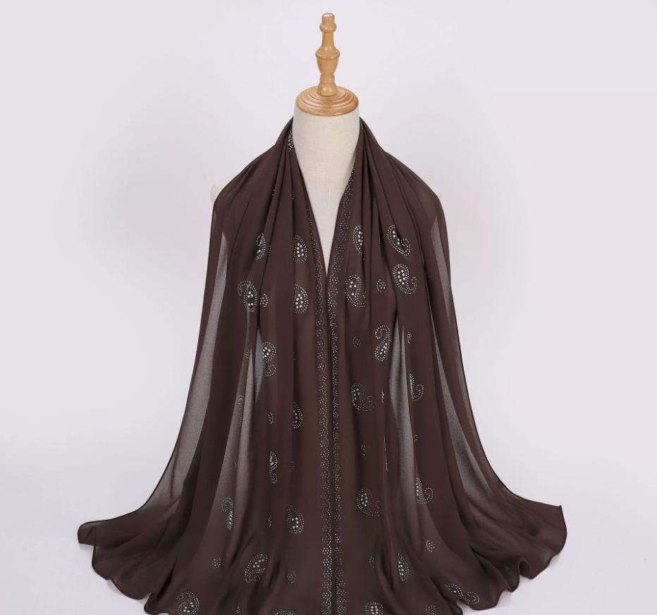 Fashion Muslim Chiffon Hijab With Rhinestones Diamonds Solid Headscarf Wraps Ramadan Islam Scarf For Women Turban Headband