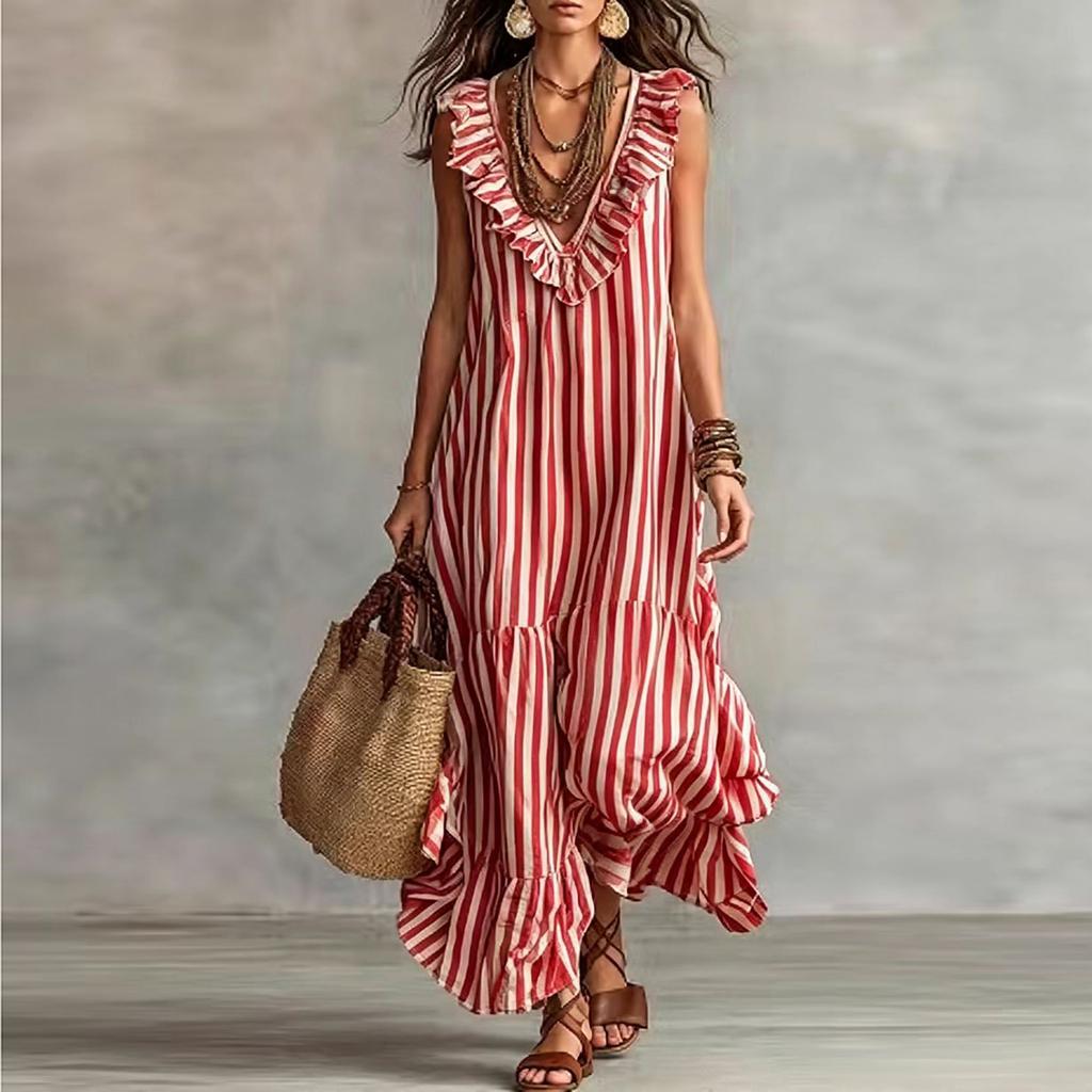 Women's Bohemian Striped Maxi Dress with Ruffle V-Neck Sleeveless Loose Fit for Vacation Travel