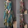 Women O-neck 3/4 Sleeve Maxi Dress Retro Printing Loose Fit Oversized Ankle Length Long Dress Streetwear