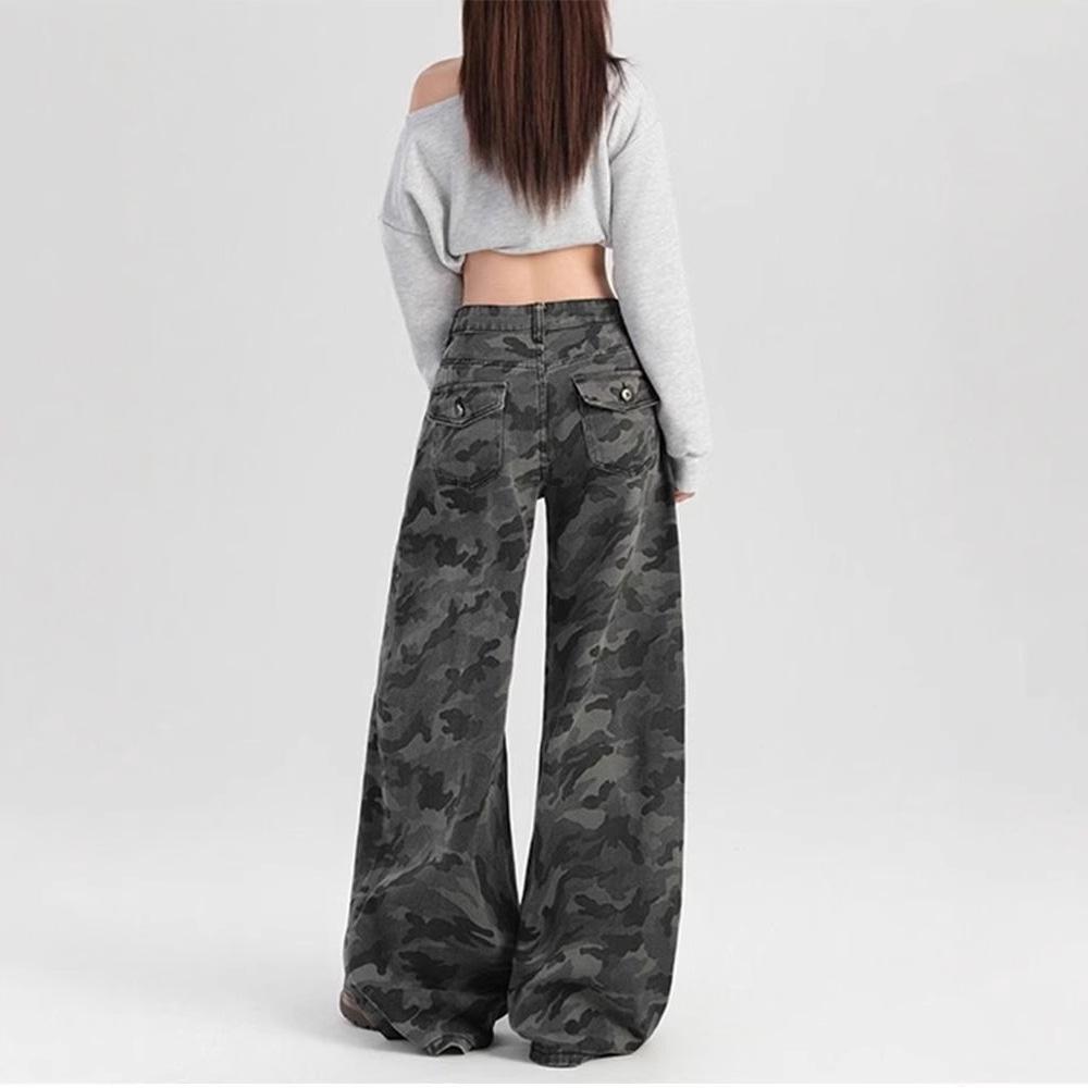 Retro Camouflage High-Waist Wide-Leg Jeans for Women - Slimming Floor-Length Workwear Pants for Autumn/Spring.