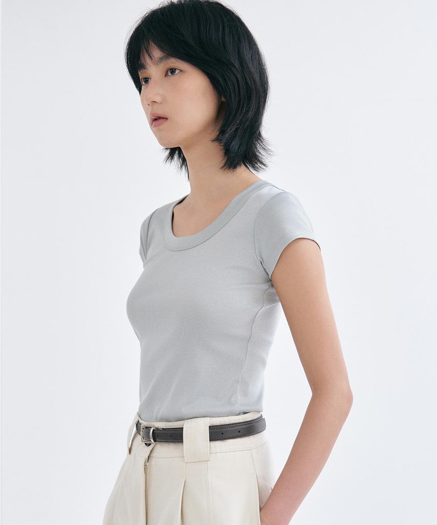 YJACK W_Rib U-Neck Slim Fit Short Sleeve T-Shirt Lrt1463