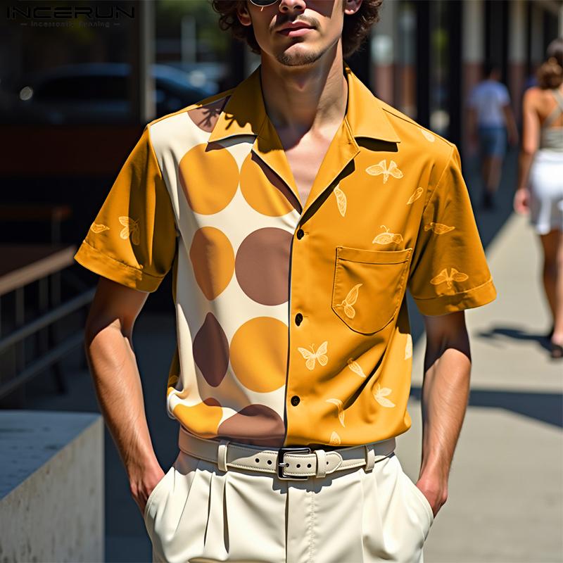 INCERUN Oversized Men Lapel Neck Short Sleeve Polka Dots Print Buttons Casual Loose Shirts Tops