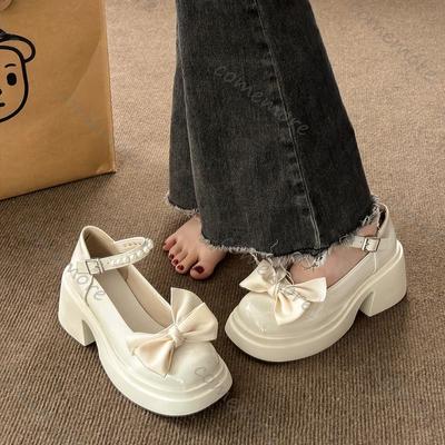 Comemore Mary Jane Leather Shoes Women's Thick-soled Heightening Single Shoes New Sweet Bow Shallow Mouth Loafers Single Shoes