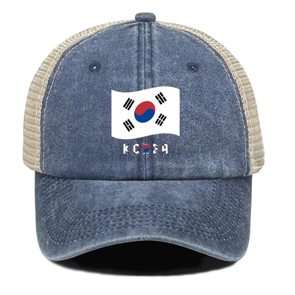 South Korea Flag Waves Print Adjustable Mesh Cap, Patriotic Sports Hat Stylish All-season Raw Brim Trendy Snapback Trucker Hat