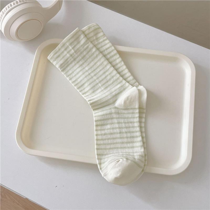 Women's Cream Striped Mid-Calf Socks: Simple, Thin, and Trendy Korean Style for Spring/Summer