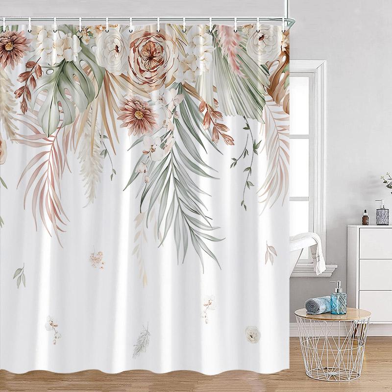 Tropical Leaves Shower Curtain Watercolour Palm Leaf Monstera Floral Bath Curtains Polyester Fabric Bathroom Decor With Hooks