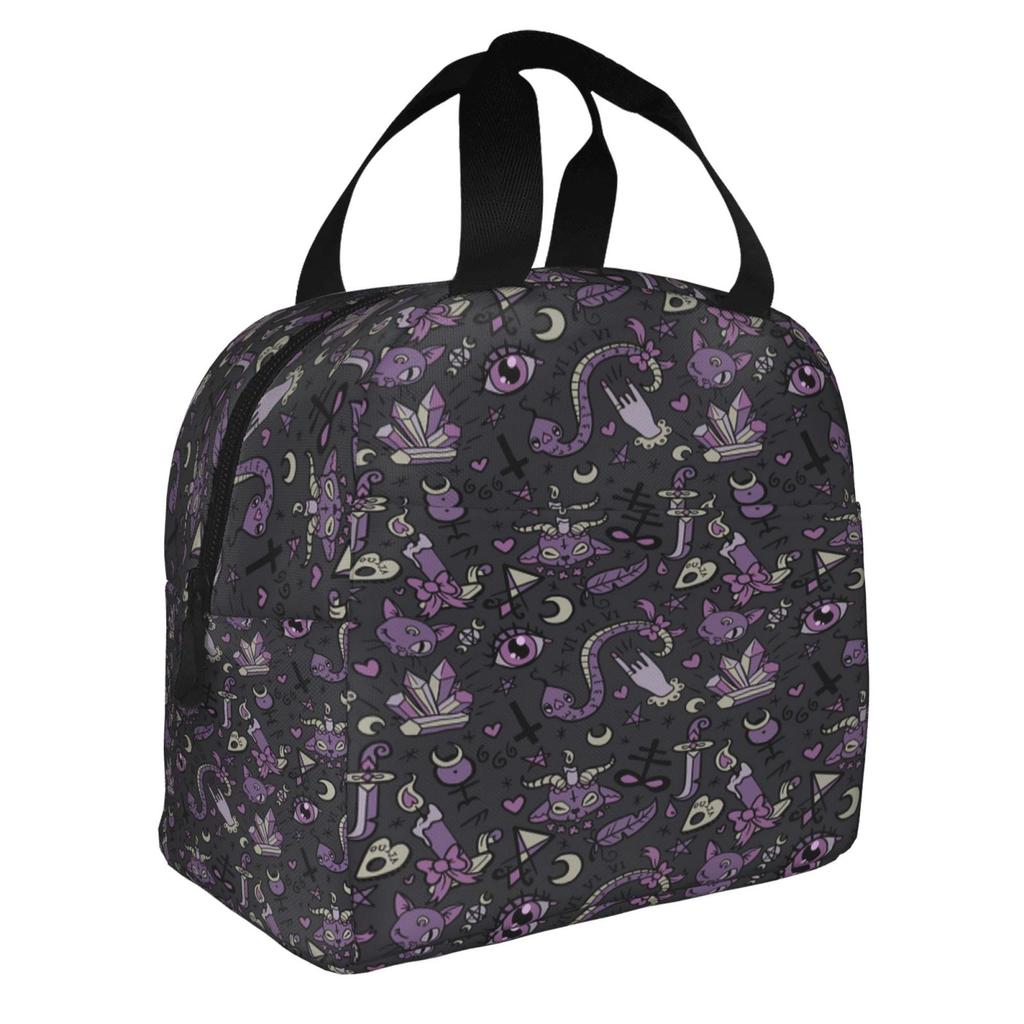 Magic Goth Spooky Gray Purple Black Lunch Tote Bag Insulated Leakproof Lunch Box Container with Front Pocket for Girls Boys