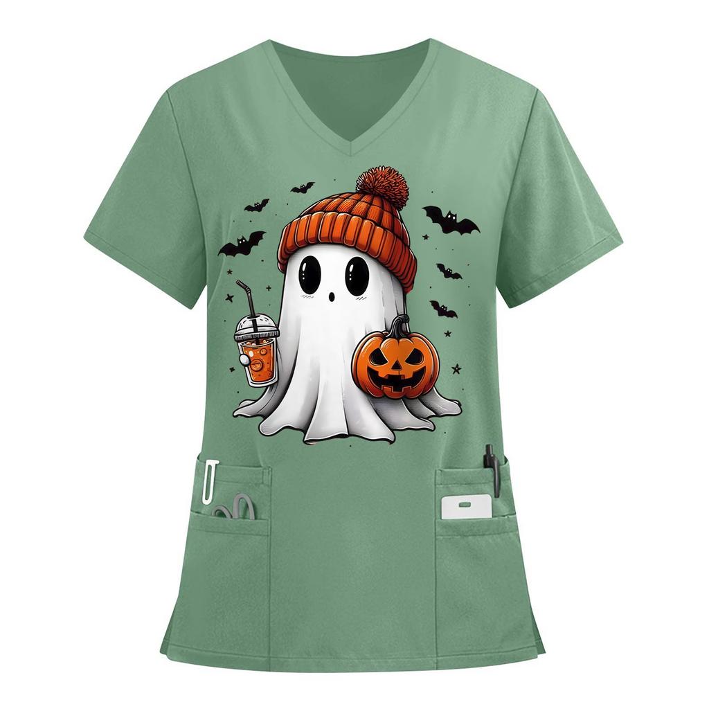 Damen V-Ausschnitt Halloween Bedruckt Kurzarm Taschen Seitenschlitz Schutzanzug Oberteil