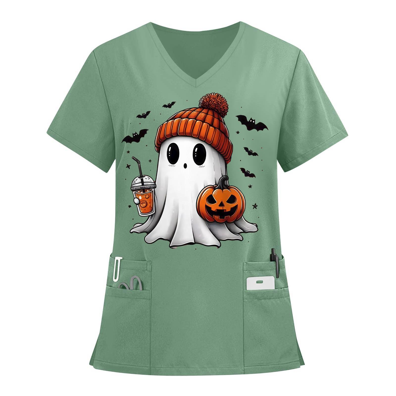 

Женский топ защитного костюма с V-образным вырезом, с короткими рукавами, с принтом на Хэллоуин, с карманом и боковыми разрезами XXXXXL зелёный