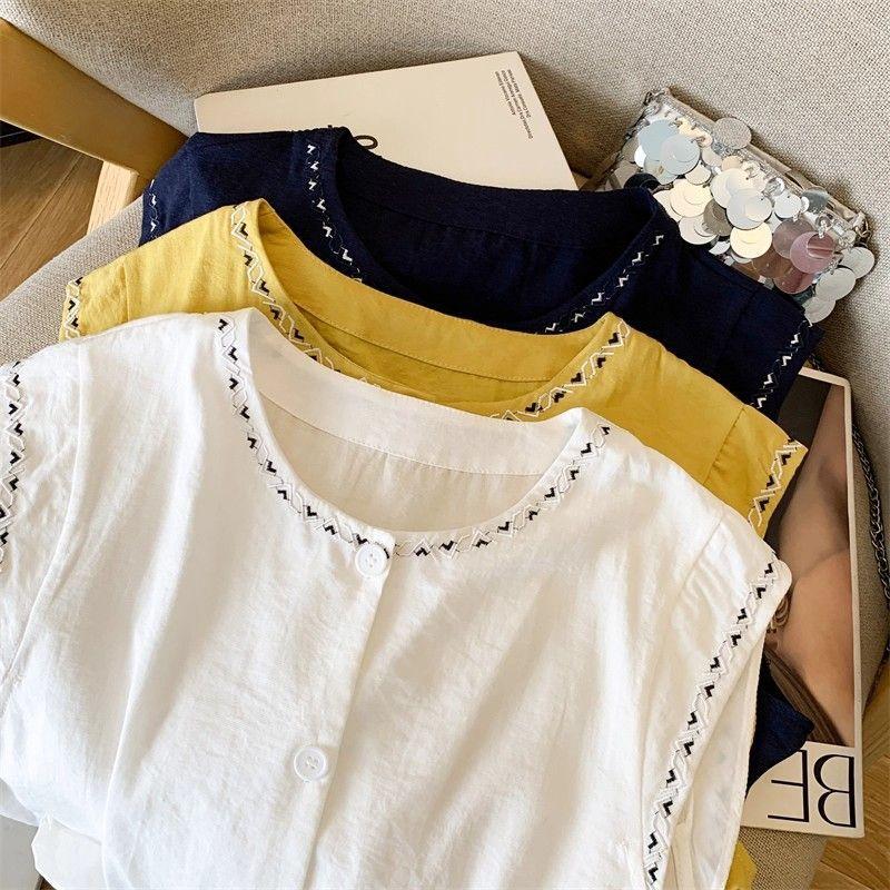 Korean Style Sleeveless Cotton Linen Vest Women Embroidered Summer Top