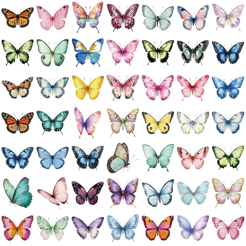 Variety 50PCS Cartoon Butterfly Sticker Pack Waterproof Transparent PET Decorative Guitar Notebook Stationery Stickers