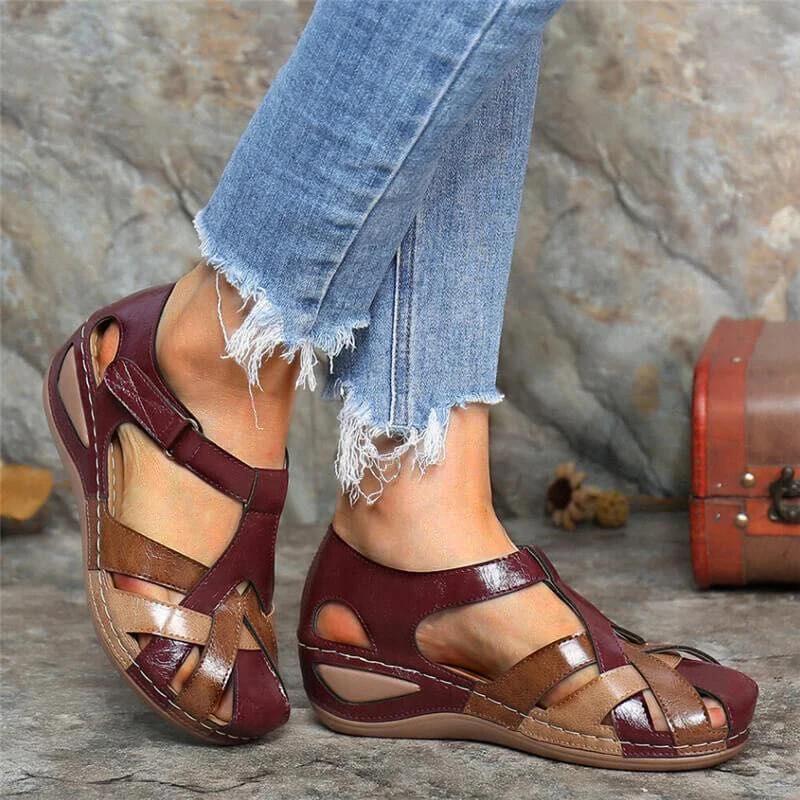 Newly Lollita Orthopedic Plus Sandals PU Leather Retro Arch Support Comfy Round Toe Sandals for Women Toe Protection Design
