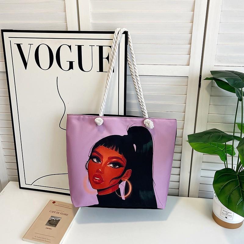 Classic Outdoor Practical Retro Canvas Tote Bag Cartoon Print Handheld Beach Bag Large Capacity CLE