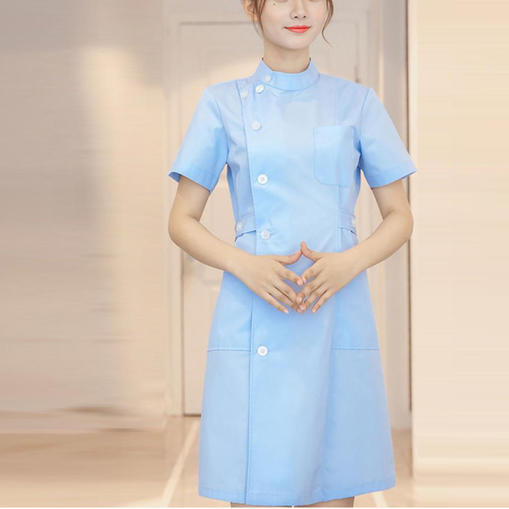 Women's Fashion Bias Lapel Standing Neck Short Sleeve Solid Color Uniform Dresses