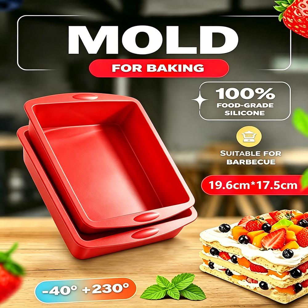 

2Pcs Silicone Square Cake Plate Non-Stick Brownie Pot with Anti-Slip Handle Oven and Air Fryer Safe Perfect for Baking Cakes красный
