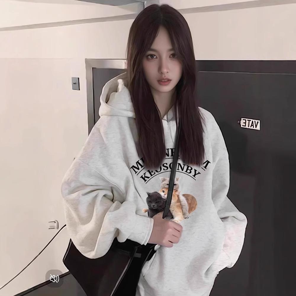 Ladies Autumn Winter Casual Hooded Long Sleeve Big Pocket Cat Printed Pullover Hoodies Sweatshirt Top