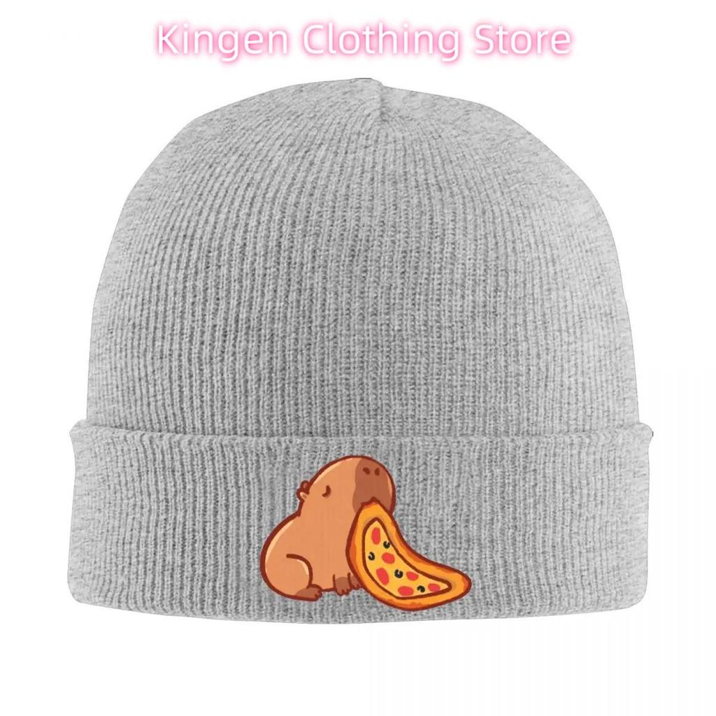1pc Anime Capybara Eating Pizza Beanie Hat Acrylic Knit Fabric, Lightweight, Stretchable, Toggle Closure, Hand Washable