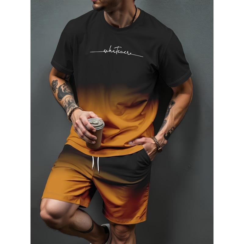 Heren Zomer Casual T-shirt en Korte Broek Set Verloop Letterpatroon Sportieve Tweedelige Set Stedelijke Mode Casual Trend Set
