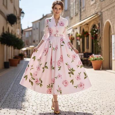 Robe de Banquet Plissée Élégante à Manches Longues Mode Dame Robes A-Ligne Taille Haute Robe de Soirée Imprimée Florale Tempérament Décolleté en V