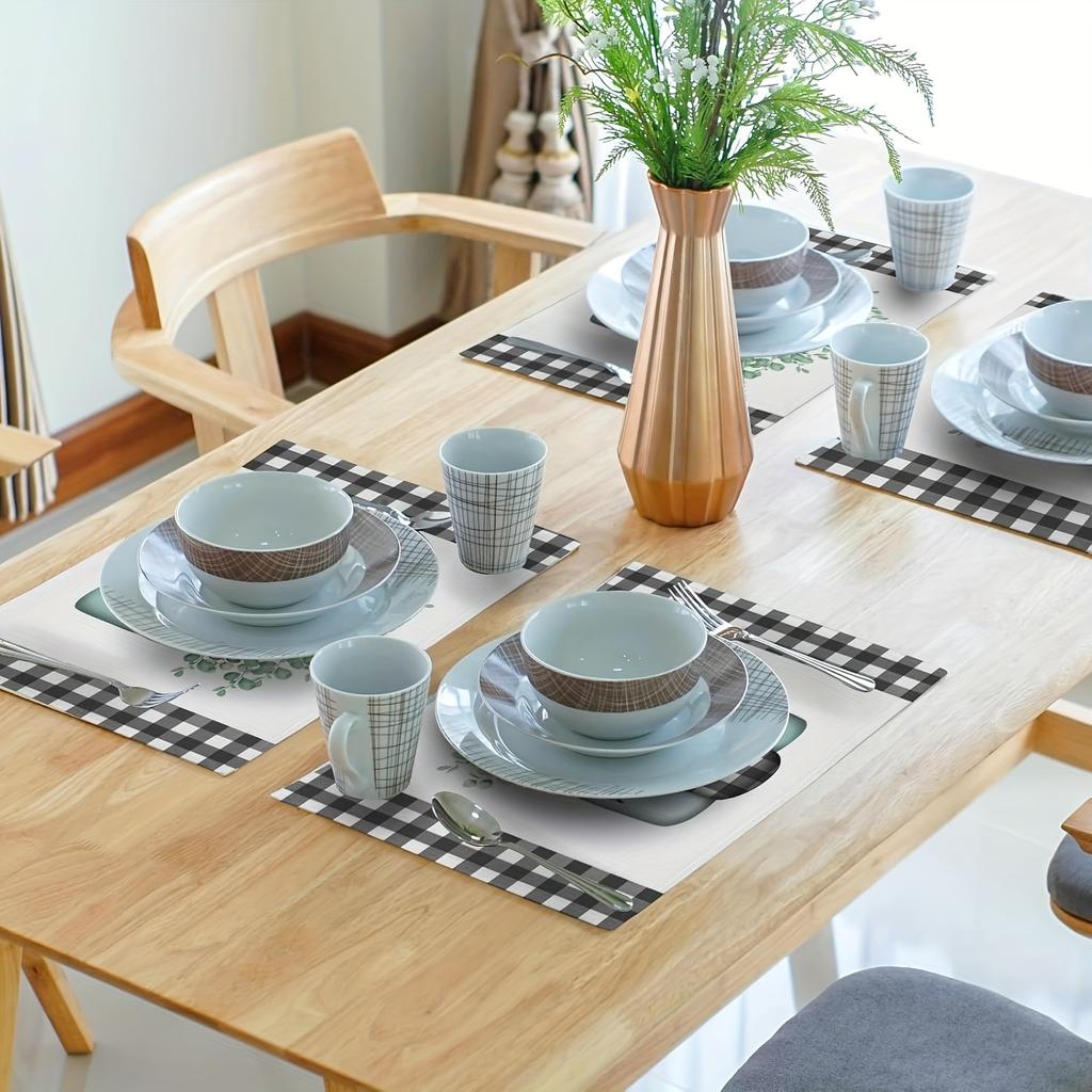 4pcs Spring Leaf Placemats 12×18 Inches Set of 4 Eucalyptus Leaf Black White Buffalo Check Seasonal Indoor Kitchen Dining Table