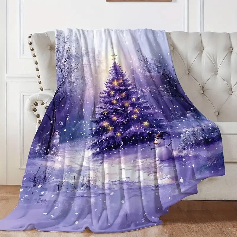 Purple Christmas Tree Snowman Blanket Flannel Blanket - Cozy and Warm, Great for Bed, Travel, Camping and Office Decoration