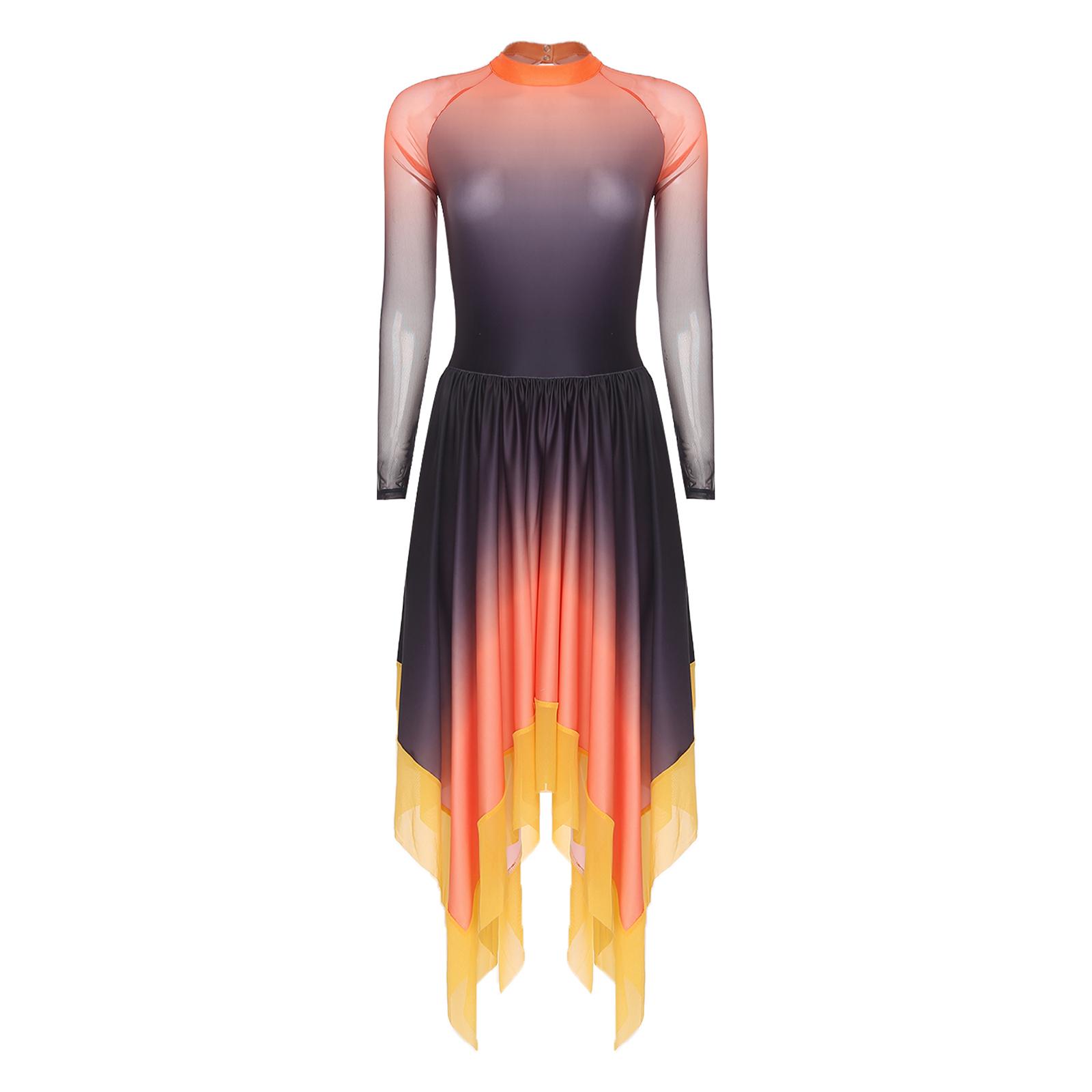 

Womens Lyrical Dance Dress Gradient Color Mesh Long Sleeves Irregular Hem Back Keyhole Design Leotard Dress S помаранчевий