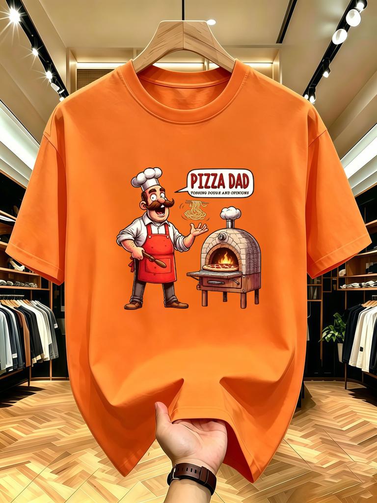 Unisex O Neck Tee Funny Pizza Dad Chef Cartoon Print Cotton Short Sleeve Loose Summer Street Breathable Daily Casual Basic Wear Top