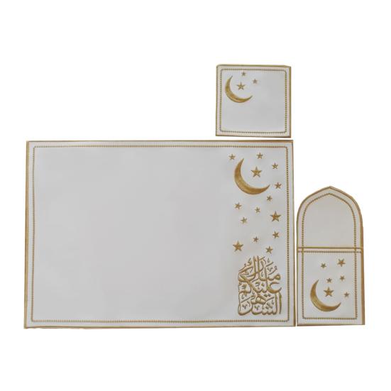 1 Set Star Moon Eid Placemat Faux Leather Embroidered Waterproof Placemat Cutlery