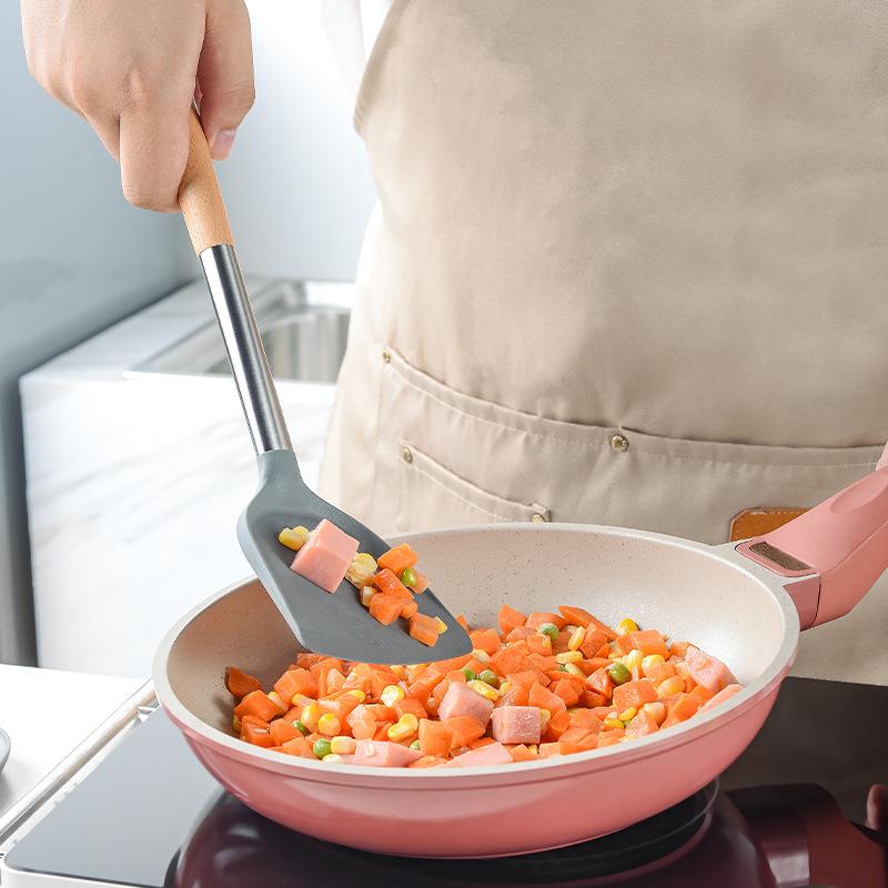 8 PCS Silicone Cooking Kitchen Utensil Set Wooden Handle Kitchen Baking Tools Kitchenware Accessories Storage Bucket