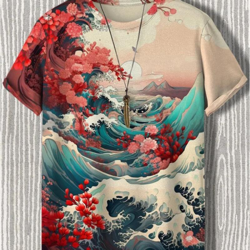 Japanese Style Female Pattern 3D Printed Crew Neck Short Sleeve T-shirt For Men, Casual Summer T-Shirt For Daily Wear And Vacation Resorts
